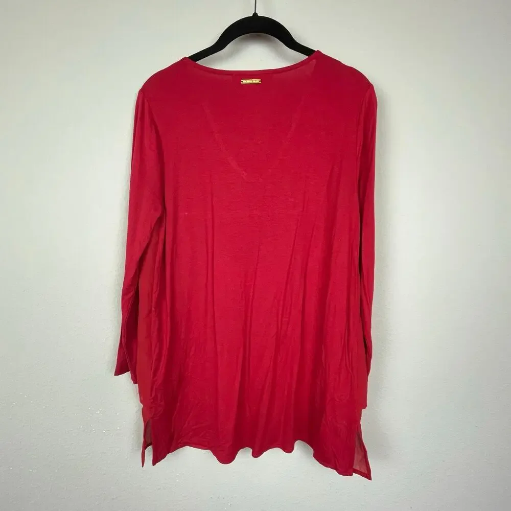 Michael Michael Kors V-neck‎ Tunic Top Red Mixed Media 3/4 Sleeve Size S